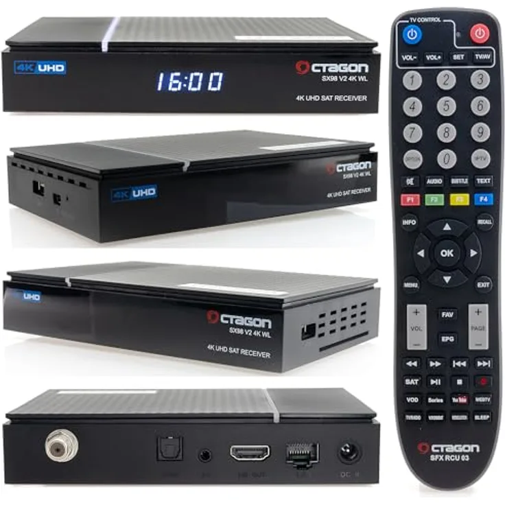 Octagon SX98 V2, 4K UHD Linux Sat Receiver mit WLAN, Mediathek, YouTube, Internet Radio, HDMI 2.0a, kompakt für Wohnmobil und Reisen