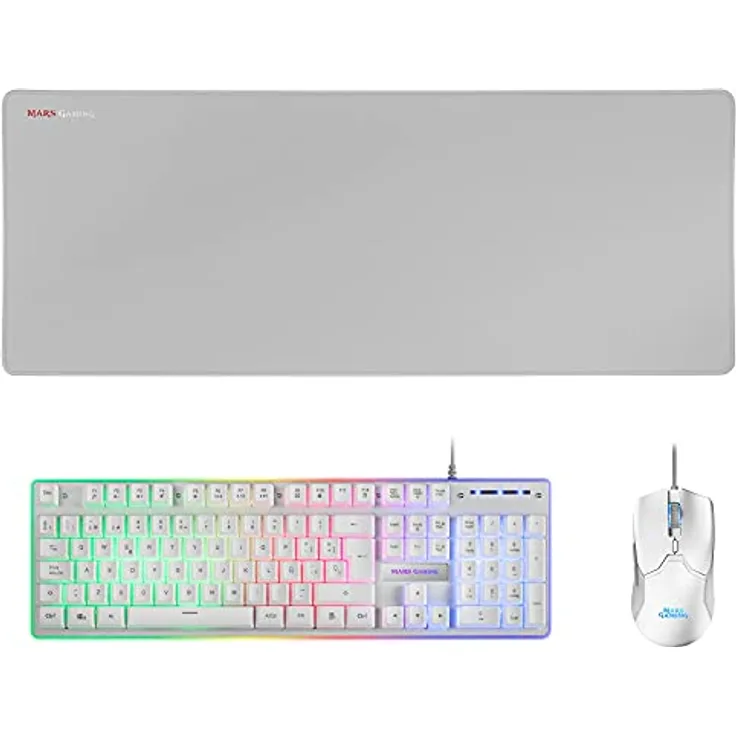 Mars Gaming MCPXWES, Combo Tastatur H-Mech FRGB, Ultralight Maus 10000DPI & XXL Mousepad, Weiß, Spanisch Sprache