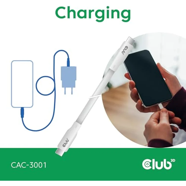 Club3D CAC-3001 Lifestyle USB-C Kabel PD 240W, 20Gbps, 2m, weiß, unterstützt iPhone und Android, E-Marker-Chip, 4K60Hz Video – Bild 5