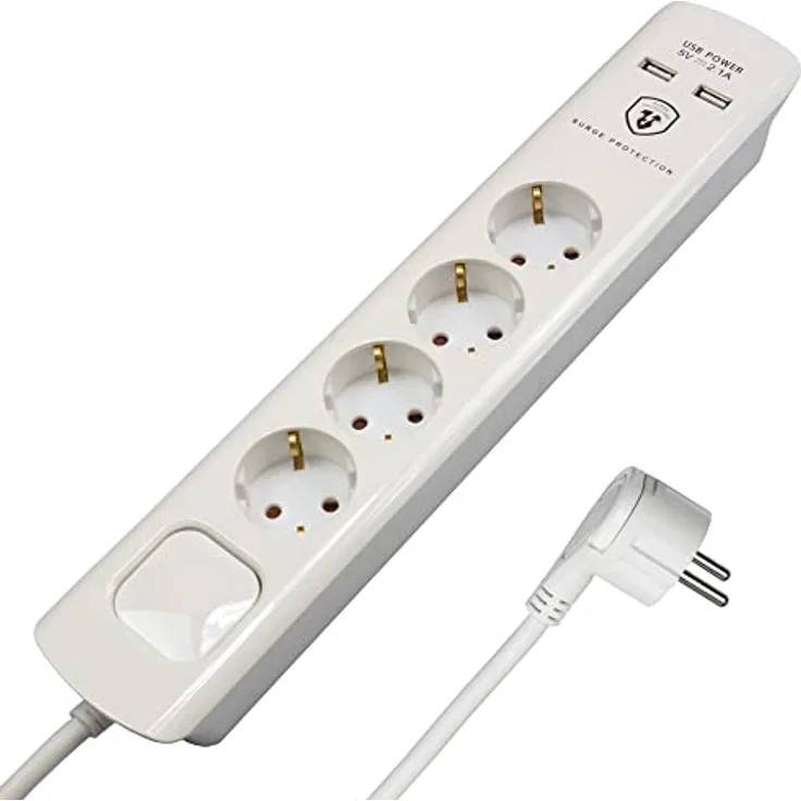 FeinTech Steckdosenleiste mit USB und Flachstecker, 4-Fach Mehrfachsteckdose mit Schalter, Überspannungsschutz und 3m Kabel, MD000433