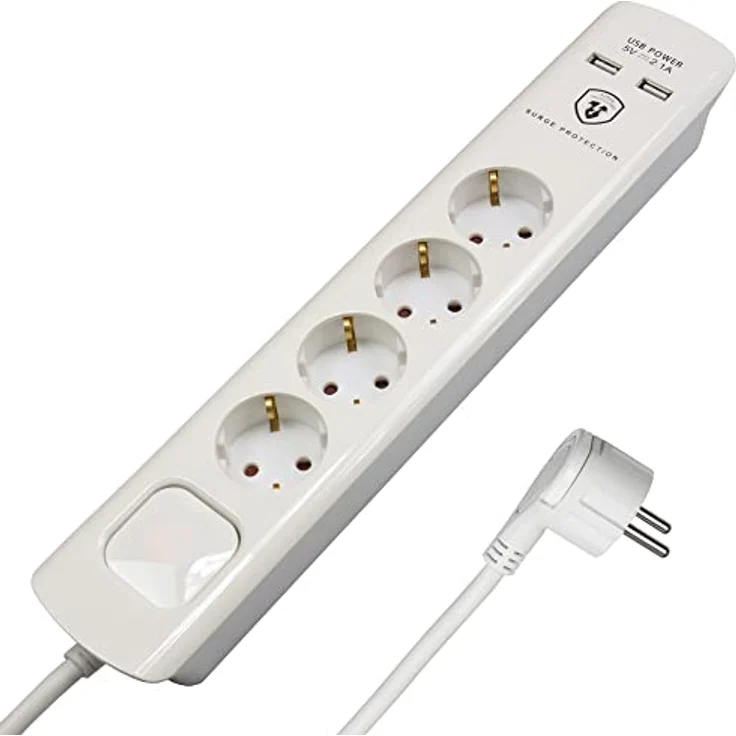 FeinTech Steckdosenleiste mit USB und Flachstecker, 4-Fach Mehrfachsteckdose mit Schalter, Überspannungsschutz und 3m Kabel, MD000433 – Bild 1
