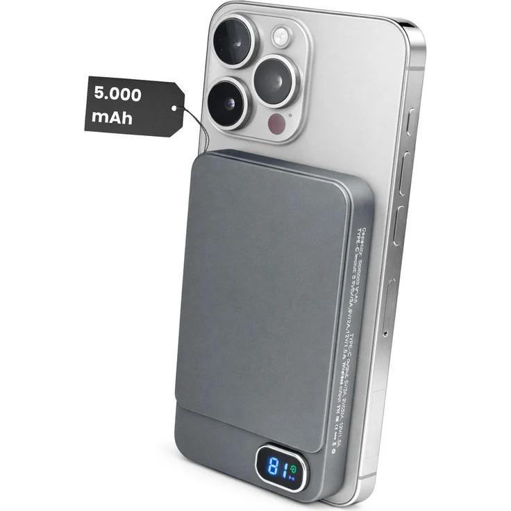 S&T DESIGN Magnetische Powerbank MagSafe kompatibel, kabellos 20W 5000 mAh, LED Display, ultradünn