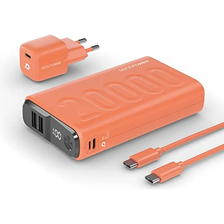 Realpower PB-20000 PowerPack PD Ladeset Powerbank mit 22.5W Power, 20.000mAh Kapazität, Nano USB-C Ladegerät, Schnellladekabel,kompatibel mit iPhone ProMax, iPad,SamsungGalaxy,Google Pixel usw, Orange