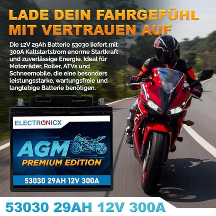 Electronicx AGM Motorradbatterie 29Ah 12V - wartungsfrei, auslaufsicher, vibrationsfest für Motorrad, Roller, Quad, ATV, Jetski – Bild 2