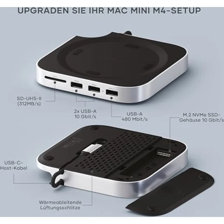 SATECHI Mac Mini M4 Hub & Stand mit NVMe SSD-Gehäuse – 5-in-1 Dock mit 2x USB-A 10 Gbps, Datenport, SD-Kartenleser – Silber – Bild 2