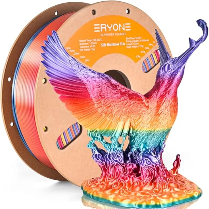 ERYONE Ultra Shiny Silk PLA Filament für 3D Drucker, 1.75mm, Multicolor Rainbow Fast Color Gradient Silk, 1kg Spule, Wasserfall-Regenbogen – Bild 1