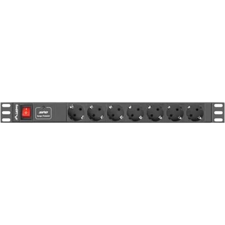Lanberg PDU-07F-0200-BK Steckdosenleiste, Stromverteilereinheit mit 7 AC-Ausgängen, 1U, 2 m, Überlastschutz, Schwarz – Bild 2