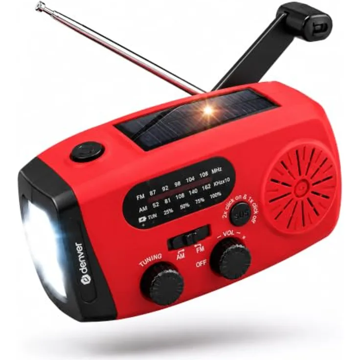 DENVER SCR-2007, Notfallradio mit Solar- und Dynamo-Antrieb, 2000 mAh Powerbank, FM, rot