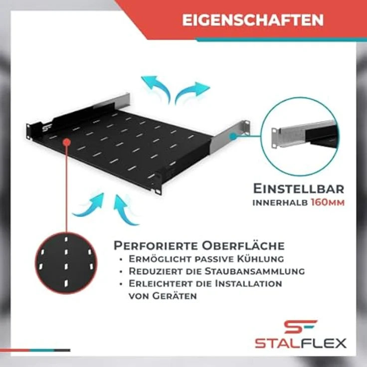 Stalflex 19 Zoll Server Netzwerkschrank 1U 350mm, Hochbelastbarer Stahl, Belüftetes Rackmontage Kragarmtablett, Universell Einstellbar, 19 Zoll Fachboden – Bild 3