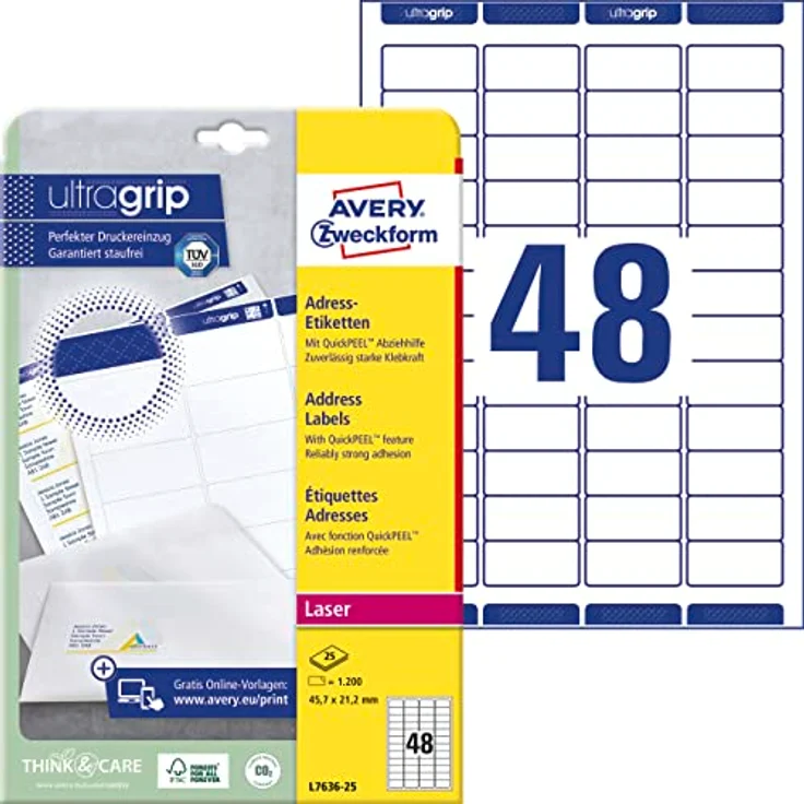 AVERY Zweckform L7636-25 Adressetiketten/Adressaufkleber (1.200 Etiketten mit ultragrip, 45,7x21,2mm auf A4, bedruckbar, selbstklebend, für Absenderetiketten, Papier matt) 25 Blatt, weiß – Bild 1