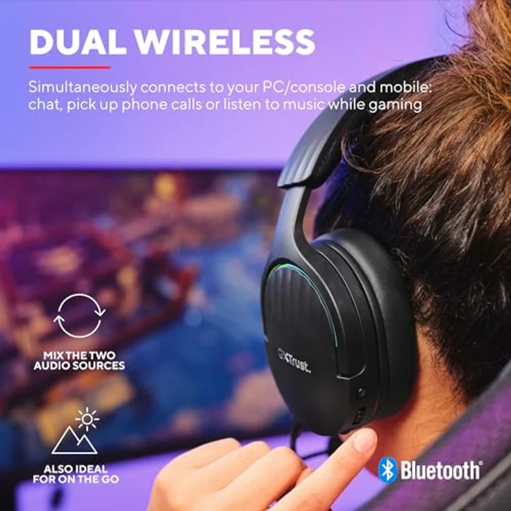 Trust Gaming GXT 491 Fayzo 7.1 Gaming Headset Bluetooth + RF 2.4 GHz, 22 Stunden Akkulaufzeit, 85% Recyclingkunststoff, RGB Over-Ear Kopfhörer Kabellos Bluetooth PC PS5 PS4 Switch - Schwarz – Bild 3