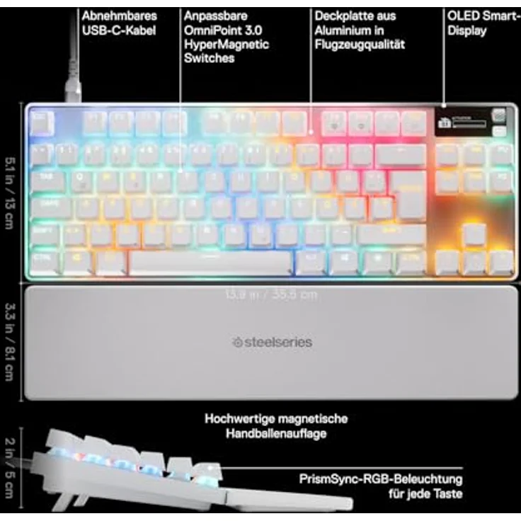SteelSeries Apex Pro TKL Gen 3 Weiß, HyperMagnetic Gaming Tastatur mit OmniPoint 3.0 Switches, anpassbarem Ansprechverhalten, Rapid Trigger, OLED, PBT-Keycaps, USB-C, UK QWERTY – Bild 3