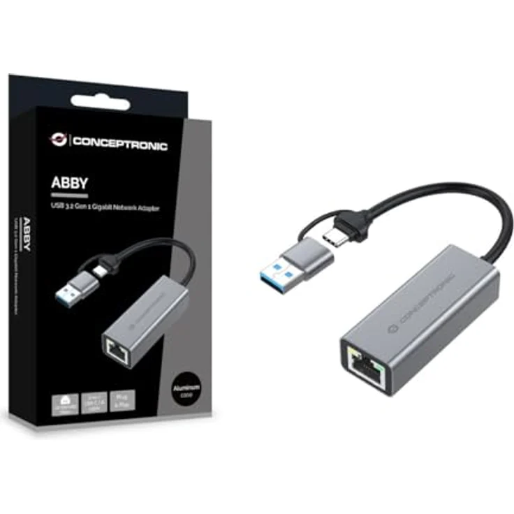 Conceptronic USB 3.2 Gen 1 zu RJ45 Adapter, Gigabit Ethernet Netzwerkadapter, grau – Bild 2