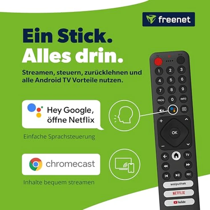 freenet TV Hybrid TV Stick, DVB-C/T2 & Streaming, 4K UHD, Android TV 12, WLAN HDMI mit Chromecast, 3 Monate freenet TV – Bild 4