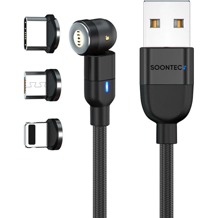 SOONTEC Magnet Ladekabel 1 Meter, 3-in-1 drehbar 360°&180°, Micro USB/USB-C/Lightning, 3,0 A, schwarz