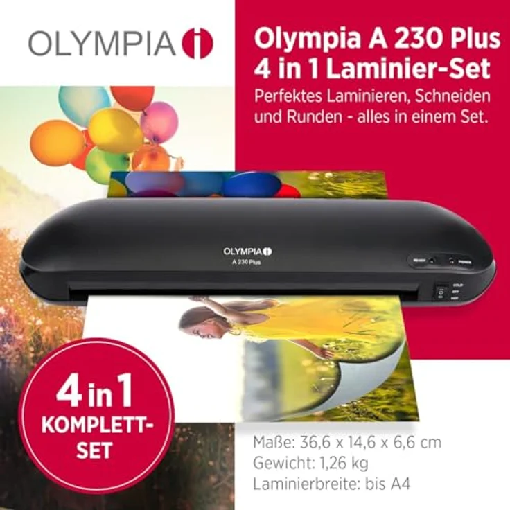 Olympia 3129 Laminierfolien 4-in-1 Set A4-Format Laminator A 230 Plus, Eckenrunder, Trimmer, schwarz – Bild 2