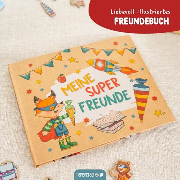Papierdrachen Freundebuch für Kinder, Superhelden Tiere, 64 Seiten, Hardcover, buntes Design für 27 Freunde, ideale Geschenkidee zur Einschulung – Bild 2