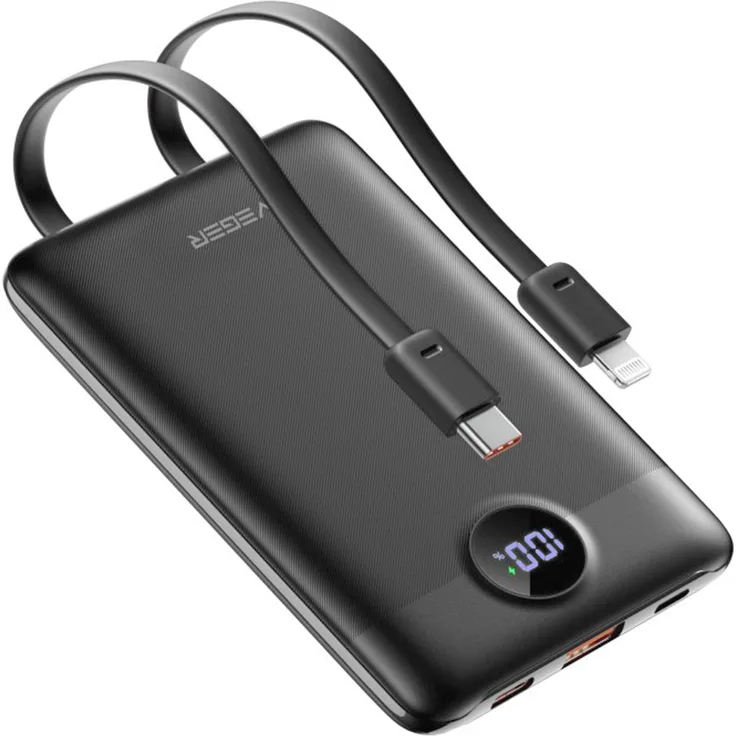 Veger 10.000mAh Powerbank mit 22.5W Schnellladung, USB-C und Lightning Kabel, Schwarz