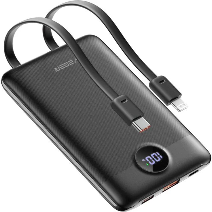 Veger 10.000mAh Powerbank mit 22.5W Schnellladung, USB-C und Lightning Kabel, Schwarz