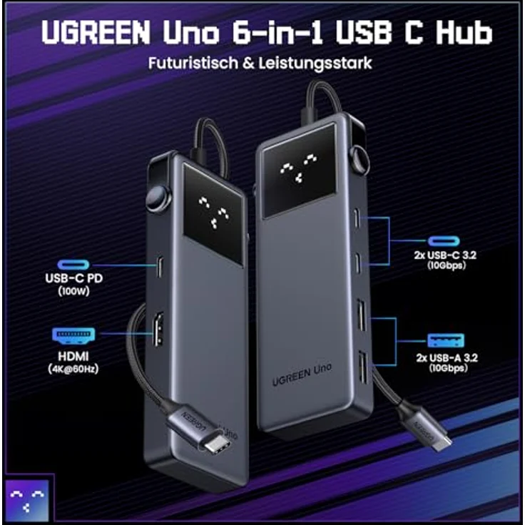 UGREEN UNO USB C Hub 10Gbps 4K@60Hz HDMI Intelligentes LED-Display USB C Adapter 2*USB A & 2*USB C Multiport Adapter PD 100W, Kompatibel mit iPhone 16, iPad Pro/Air, MacBook Pro/Air, Steam Deck - Stylisher Robot-Hub, Schwarz – Bild 2