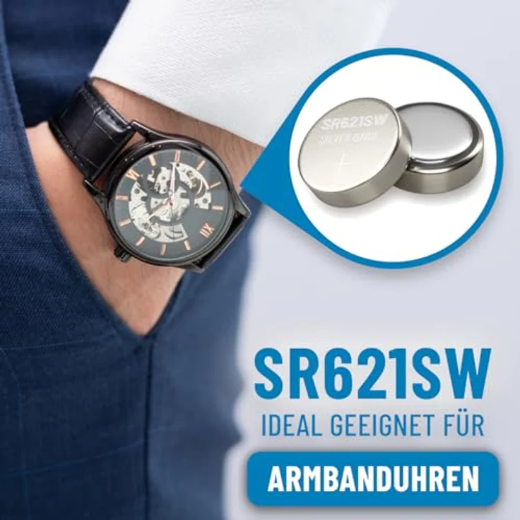 ABSINA SR621SW Uhrenbatterie 1,55V Silberoxid 10er Pack - Knopfzelle SR621SW auslaufsicher & Lange Haltbarkeit - Batterie SR621SW / LR621 / SR621 / 364 / V364 / R60 / AG1 - SR 621 SW Uhren Knopfzelle – Bild 2