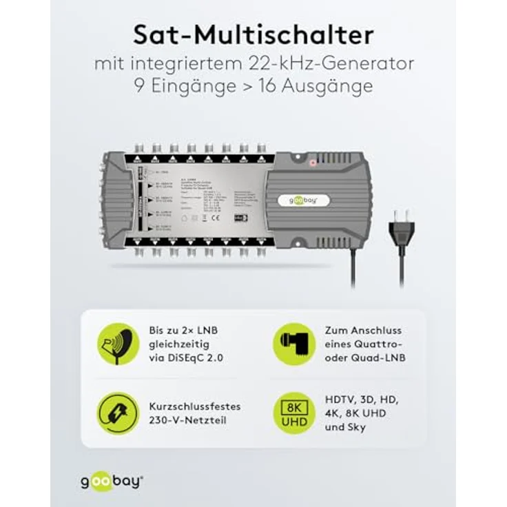 goobay 64884 Sat-Multischalter/Kompakt-Multischalter / 9 Eingänge / 16 Ausgänge / 4K, 8K UHD/DAB+ / für 16 Teilnehmer – Bild 2