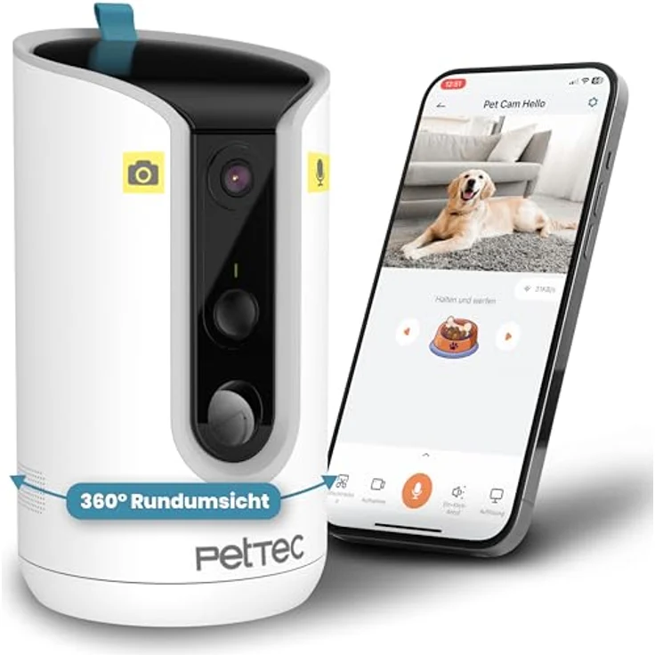 PetTec® Haustierkamera 360° und automatischer Futterspender mit Leckerliauswurf - via App & Multitaste - Bell-Erkennung - 3MP Nachtsichtfunktion - Hundekamera & Katzenkamera – Bild 1