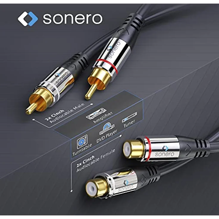 Sonero 2x Cinch Stereo Verlängerung 0,5m, Premium Audio-Kabel mit vergoldeten Kontakten, schwarz – Bild 3
