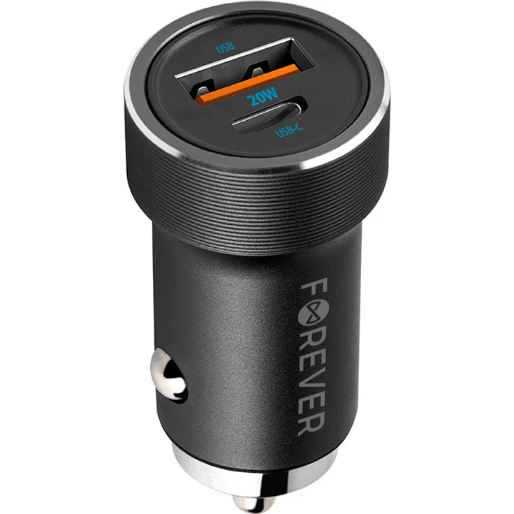 Forever CC-06 KFZ Ladegerät, 20W PD & QC, 1x USB-C und 1x USB-A, inkl. USB-C Kabel, Schwarz mit silberfarbenen Akzenten