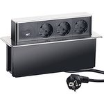 revolt Versenkbare Steckdose: Versenkbare 3-fach Einbau-Tischsteckdose, USB-C, PD & QC 3.0, silber (Versenkbare Steckdose mit USB, USB Hub Tisch, iPhone Ladestation)