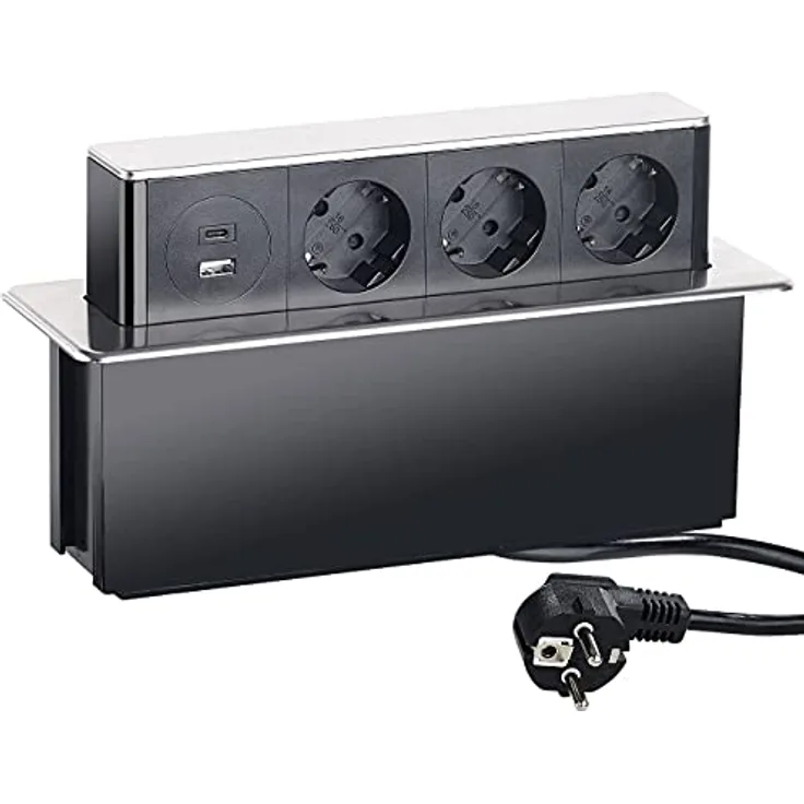 revolt Versenkbare Steckdose: Versenkbare 3-fach Einbau-Tischsteckdose, USB-C, PD & QC 3.0, silber (Versenkbare Steckdose mit USB, USB Hub Tisch, iPhone Ladestation)