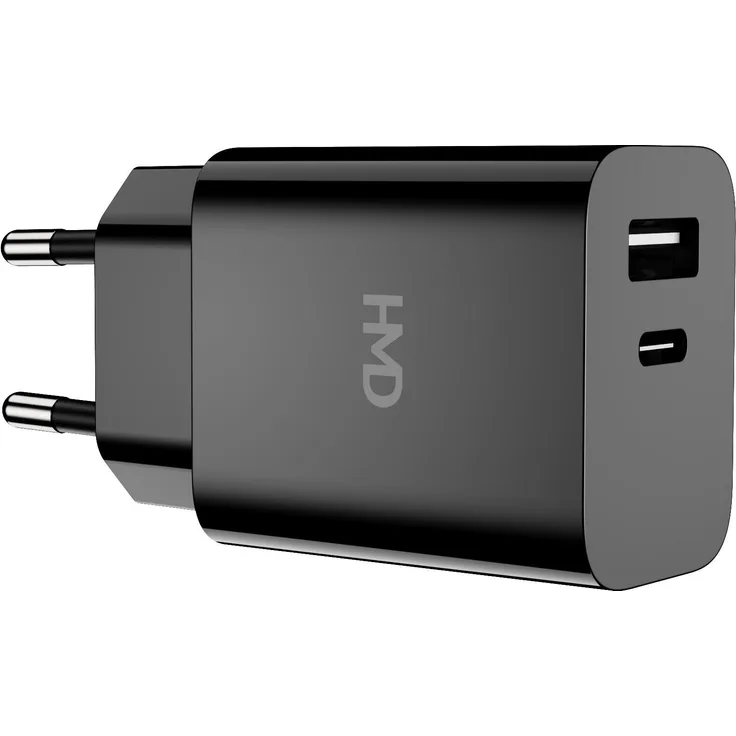 Nokia HMD 30W Dual Port Wall Charger, USB Ladegerät mit USB-A und USB Type-C Anschlüssen, schwarz