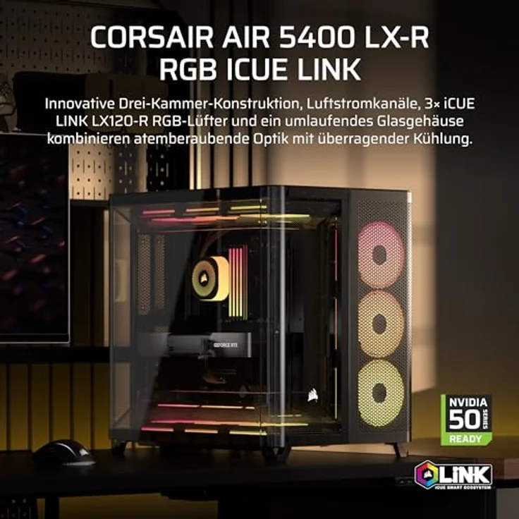 Corsair AIR 5400 LX-R LINK PC-Gehäuse, Mid-Tower mit Tempered Glass, 3x 120-mm RGB-Lüftern, schwarz, optimales Kühlsystem und USB-C Anschluss – Bild 2