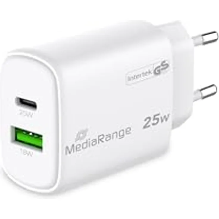 MediaRange 25W GaN Schnellladeadapter (EU-Stecker), 1x USB-C und 1x USB-A, unterstützt USB-C® Power Delivery und Quick Charge™, Weiß, kompakt und leicht