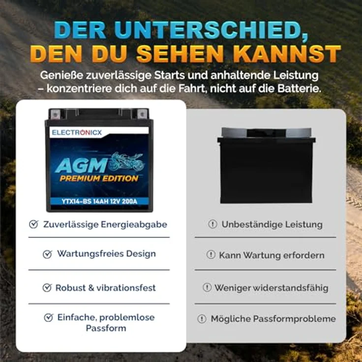 Electronicx YTX14-BS AGM Motorradbatterie 14Ah 12V 210A, wartungsfrei, rüttelfest, auslaufsicher für Motorrad, Roller, Quad und ATV – Bild 7