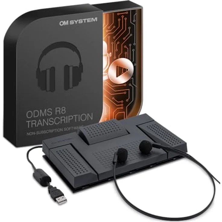 OM SYSTEM AS-2700 Audio-Transkriptionskit, USB-Fußpedal, Stereokopfhörer, ODMS R8-Software, Schwarz – Bild 1