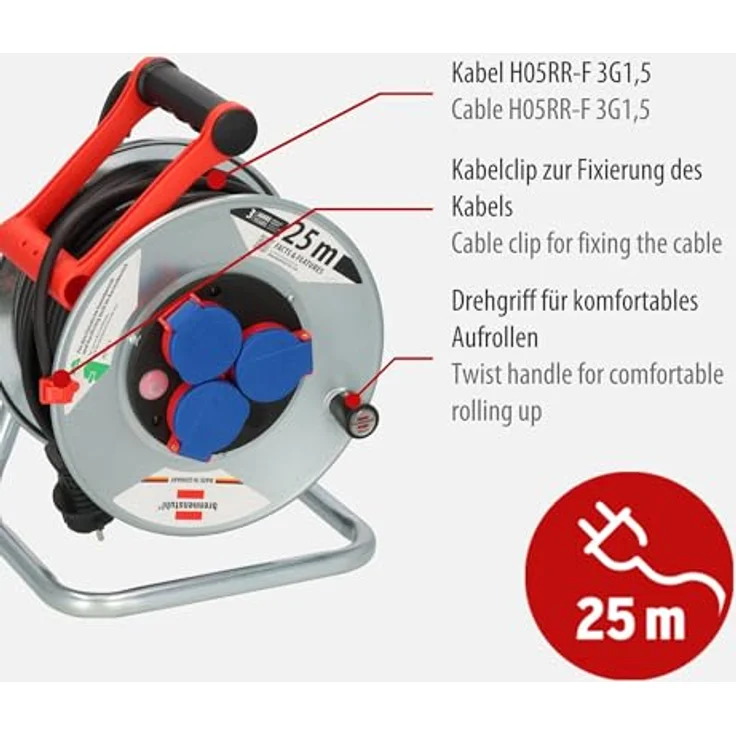 Brennenstuhl Garant S IP44 Kabeltrommel, 25m - Stahlblech (kurzfristiger Einsatz im Außenbereich) - MADE IN GERMANY - silber – Bild 2
