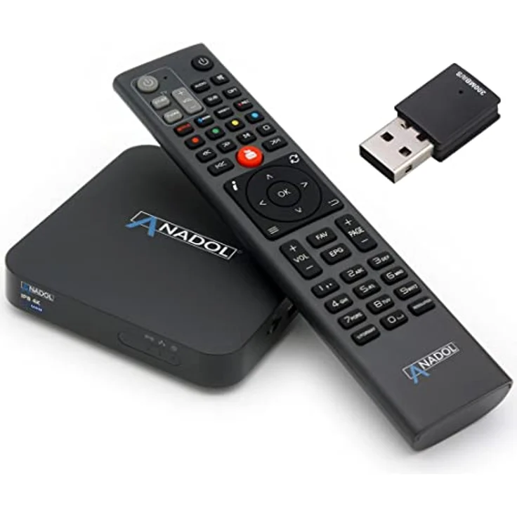 Anadol IP8 4K Smart TV Box mit Define OS & E2 Linux - Sat to IP Receiver, Mediathek, YouTube, Internet Radio, HD, HDMI + 300Mbit WiFi Stick, Schwarz – Bild 1