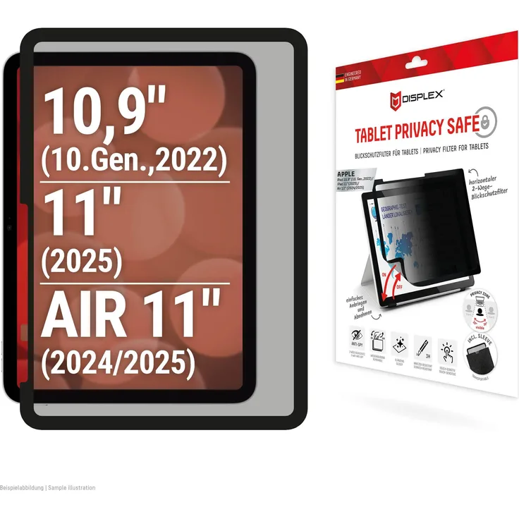 Displex Tablet Privacy Safe, Blickschutzfolie für Apple iPad 2022 (10. Gen), 2-Wege Sichtschutz, kratzfest, inklusive Schutzhülle aus Natur-Filz