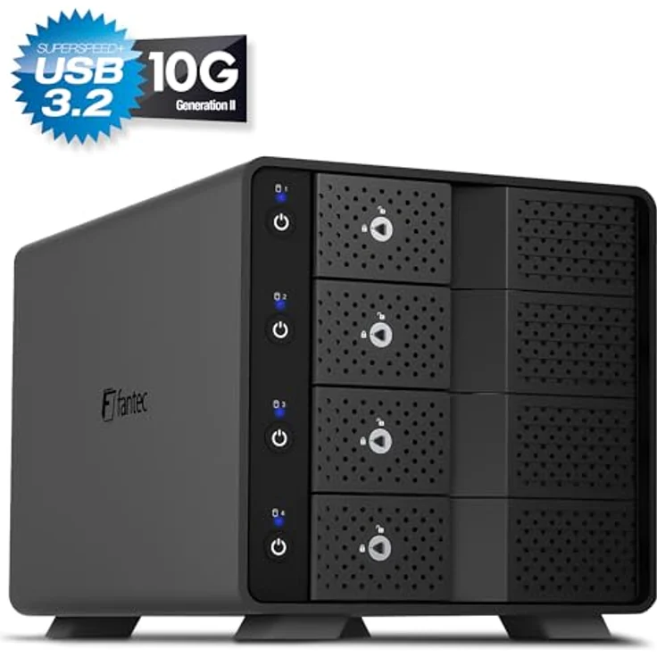 FANTEC MB-X4U31 4fach USB3.2 Gen2 Festplattengehäuse für 4X SATA 3,5/2,5 Zoll SSDs und HDDs, Transferraten bis 10Gbit/sec, kein Werkzeug nötig, 2X USB Kabel. Aluminiumgehäuse schwarz – Bild 2