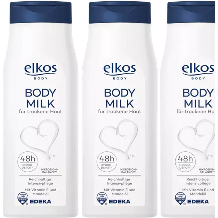 Elkos Body Milk für trockene Haut, 3x500 ml