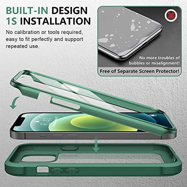 Miracase 360 Grad Hülle für iPhone 12/12 Pro, Ganzkörper Schutzhülle mit Glas Displayschutz, stoßfest, grün – Bild 3