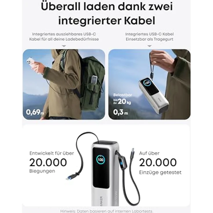 Anker Laptop Powerbank, 25.000mAh externer Akku mit 3X 100W USB-C Ports, Integriertes + einziehbares Kabel, Für iPhone 16/15, MacBook, Samsung - Schwarz – Bild 3