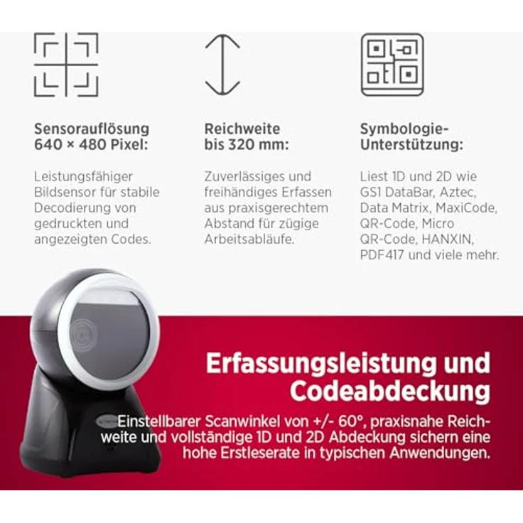 Olympia LS 7100, Omnidirektionaler 2D Standscanner mit automatischem Barcode-Scan, USB & RS232, hochauflösender Sensor für POS, Retail & Lager, robuster Standbetrieb – Bild 3