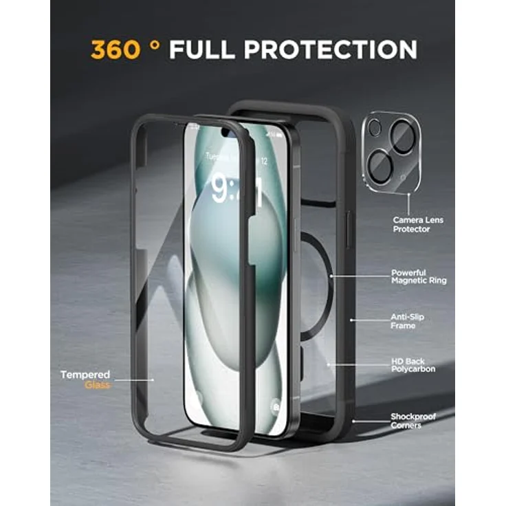 Miracase 360 Grad iPhone 15 Hülle mit Magsafe, Eingebautem 9H Glas Displayschutz, Komplettschutz und Stoßfestigkeit, Schwarz – Bild 2