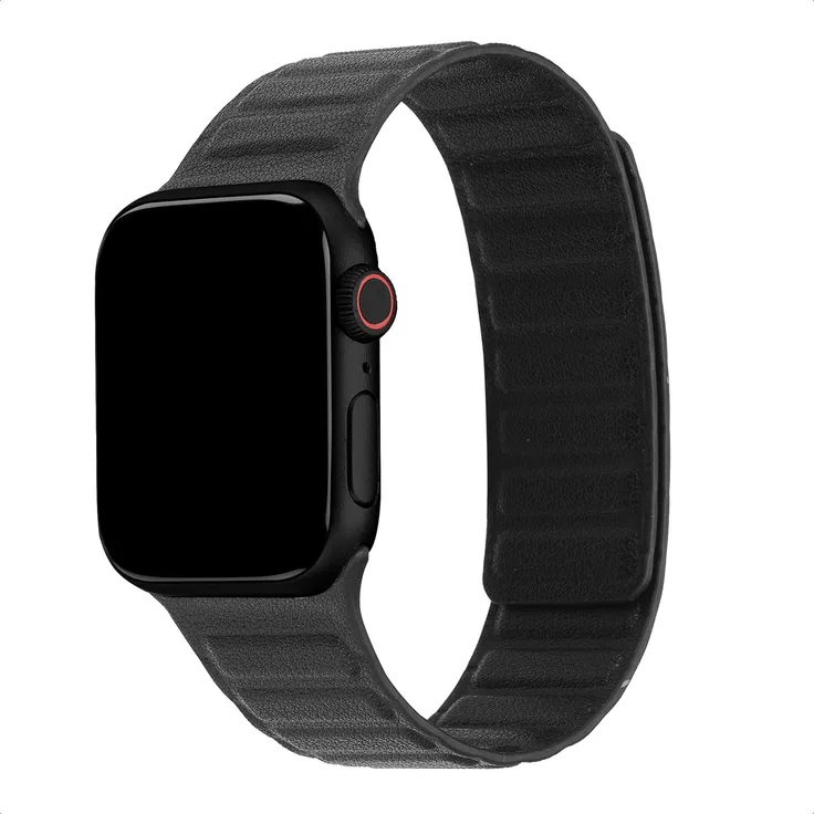 Accezz Magnetisches Echtlederarmband für die Apple Watch, kompatibel mit 38/40/41/42 mm, Schwarz, verstellbare Länge für Handgelenke von 140 mm bis 210 mm