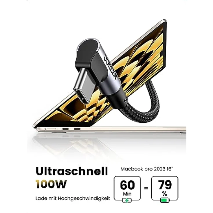 UGREEN USB C auf USB C Kabel 100W Winkelstecker USB-C Ladekabel 5A/20V (2m) - Kompatibel mit MacBook Pro, MacBook Air, Dell XPS15, iPad, Surface Pro 7/Book 3 – Bild 2