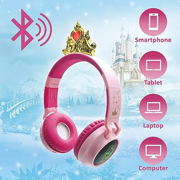 Lexibook Disney Prinzessin HPBT015DP, Kabellose und kabelgebundene 2-in-1-Kopfhörer mit Prinzessinnenkrone, hoher Klangqualität bis 85 dB, Lichteffekten, faltbar, verstellbar, wiederaufladbar, rosa – Bild 4