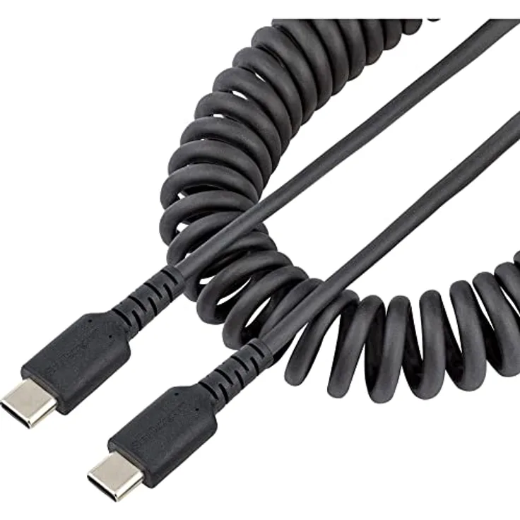 StarTech.com 50cm USB C auf USB C Kabel, hochbelastbares Spiralkabel zum Laden und Synchronisieren, USB C 2.0 Kabel, robuste Aramidfaser, Schnellladekabel mit EMI Schutz, schwarz (R2CCC-50C-USB-CABLE)