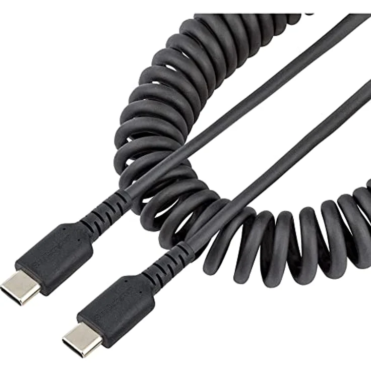 StarTech.com 50cm USB C auf USB C Kabel, hochbelastbares Spiralkabel zum Laden und Synchronisieren, USB C 2.0 Kabel, robuste Aramidfaser, Schnellladekabel mit EMI Schutz, schwarz (R2CCC-50C-USB-CABLE) – Bild 1